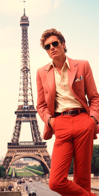 Photo vieille photographie d'un homme en costume à paris avec la tour eiffel derrière