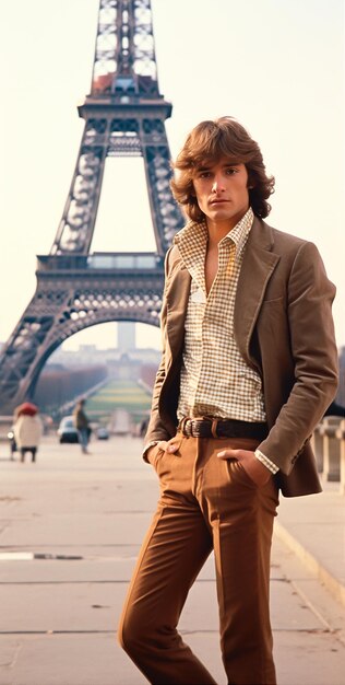 Photo vieille photographie d'un homme en costume à paris avec la tour eiffel derrière