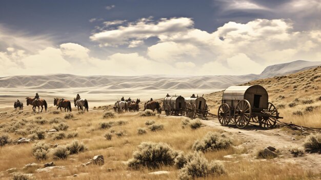 Vieille photographie simulée de wagons sur l'Oregon