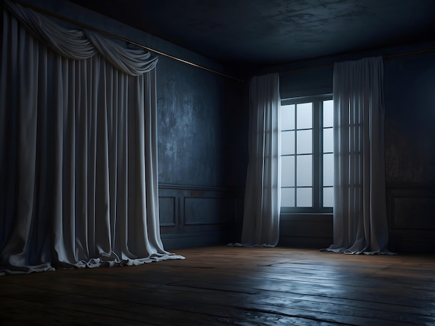 Une vieille pièce sombre et vide avec une maquette de mur vide et des rideaux tordus.