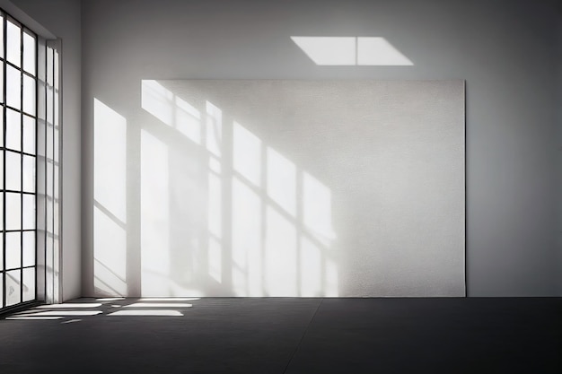 Vieille plaque de rendu 3D de toile blanche sur un mur blanc dans une salle vide