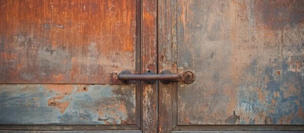 Vieille poignée de porte en bois brun rouillé sur cadre en fer avec texture de style grungy