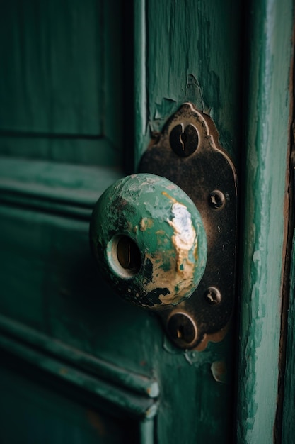 Une vieille poignée de porte en bronze oxydé sur une porte en bois verte Image AI générative