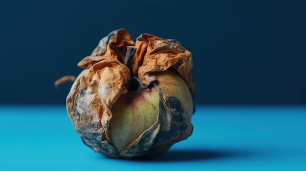 Vieille pomme séchée sur fond bleu minimal Fruits gâtés et ratatinés Generative Ai