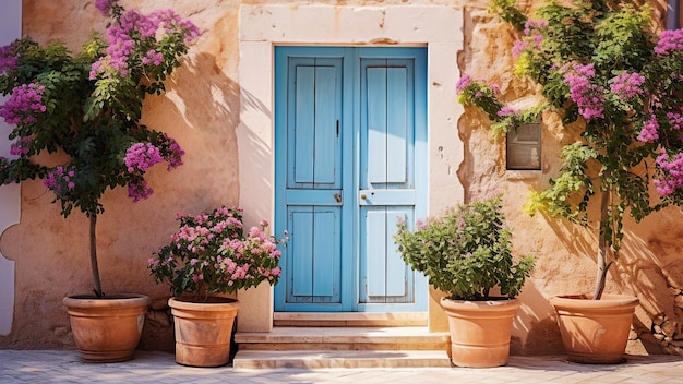 Vieille porte bleue et pots de fleurs dans la rue en Méditerranée