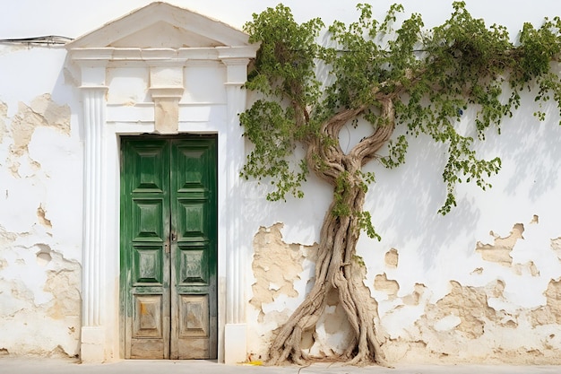 Vieille porte en bois et arbre sur le mur blanc à Athènes Grèce