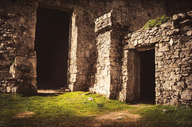 Vieille porte médiévale foncée dans le mur en pierre dans le château sous le soleil
