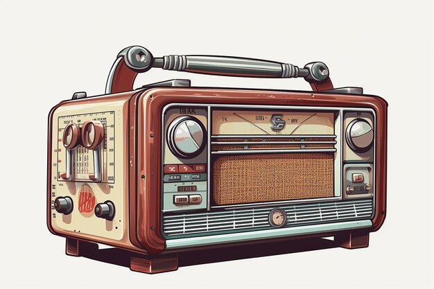 Une vieille radio avec un bouton rouge qui dit "radio"