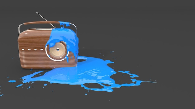 Vieille radio couverte de peinture bleue sous forme de tache, illustration 3d