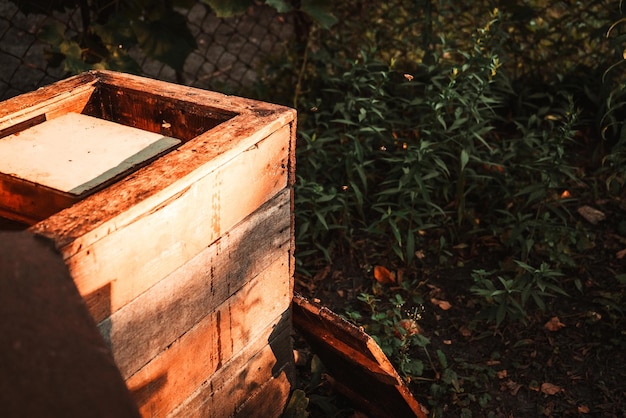 La vieille ruche en bois avec des abeilles se tient dans le rucher 1