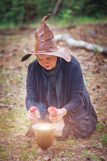 Une vieille sorcière coiffée d'un chapeau dans les bois, assise par terre, préparant une potion de sorcière avec des amanites anti-mouches.