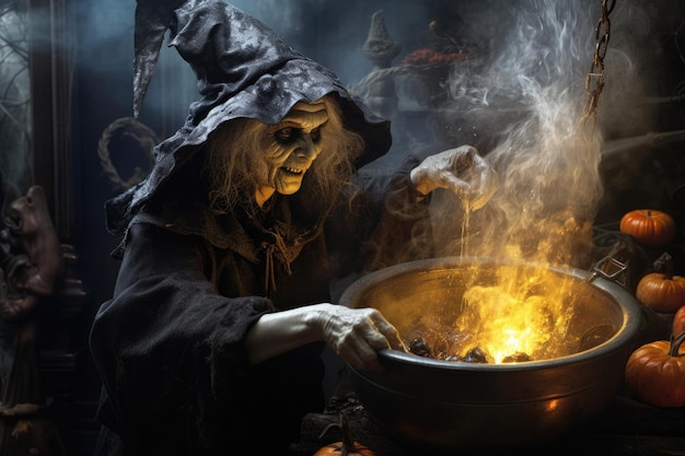 Photo vieille sorcière cuisinant dans un chaudron generative ai