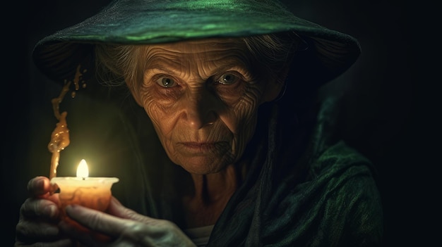 une vieille sorcière à la lumière verte la nuit.