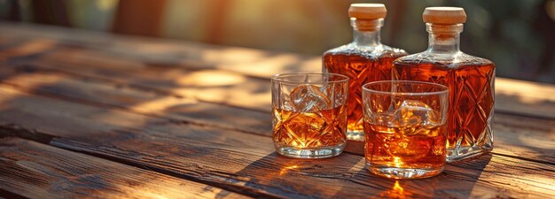 Une vieille table en bois dans la lumière directe du soleil avec une bouteille de whisky un verre et de la glace