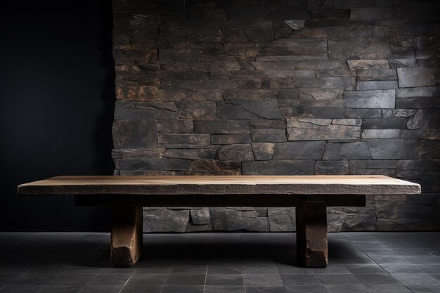 Vieille table en bois avec un dessus en béton de pierre noire