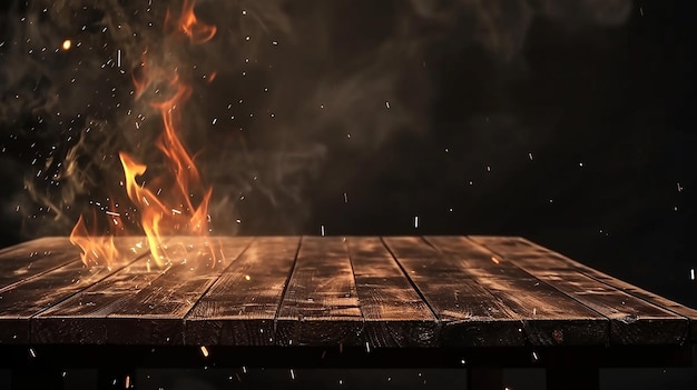 Photo vieille table en bois avec effet de flamme sur fond sombre