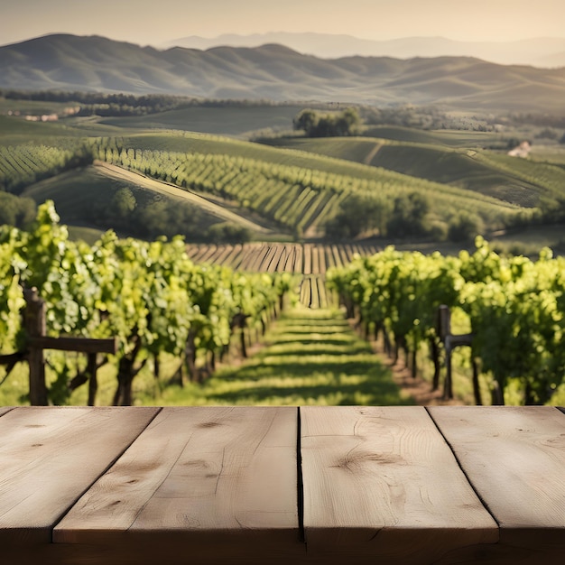 Photo vieille table en bois sur le fond de la nature avec des vignobles verts