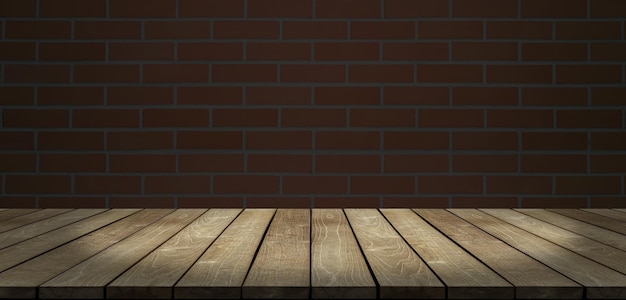 Vieille table en bois, mur en briques, arrière-plan sombre et vision sombre