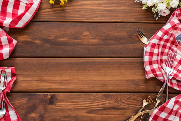 vieille table en bois avec nappe de pique-nique rouge et fond