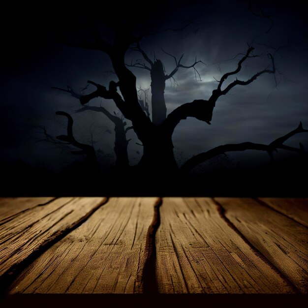 Vieille table en bois et silhouette d'arbre mort la nuit pour le fond d'Halloween