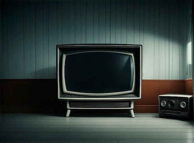 Photo vieille télévision rétro dans une pièce vide la nuit avec espace de copie