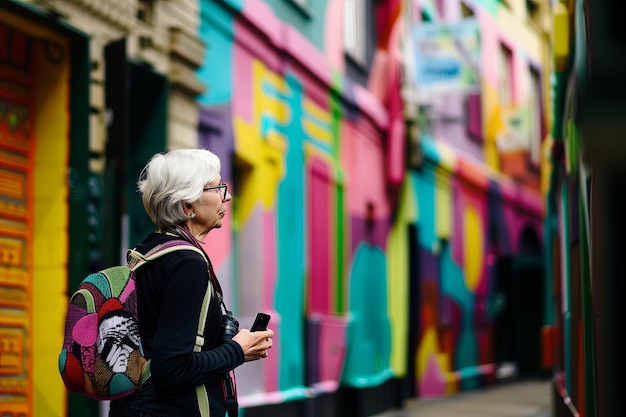 Une vieille touriste explorant les lieux colorés de la ville.