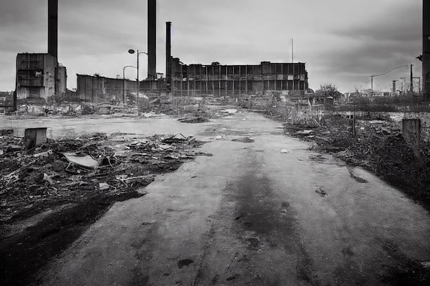 Vieille usine cassée et bâtiments industriels détruits contre le ciel gris