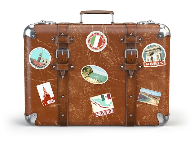 Vieille valise beggage avec des autocollants de voyage isolés sur fond blanc. illustration 3D