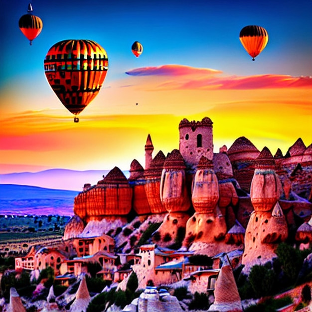 Photo vieille ville d'uchisar château au coucher du soleil paysage parc national de goreme cappadoce turquie avec de nombreux