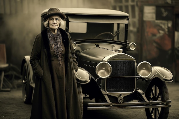 Une vieille voiture américaine robuste de l'année 1920 Une jolie femme génère Ai