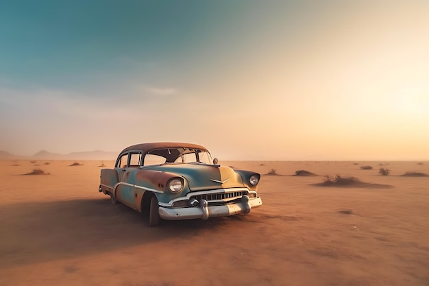 Une vieille voiture classique abandonnée dans le désert Une voiture rétro rouillée détruite