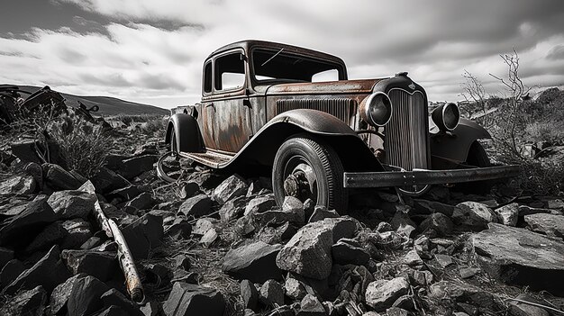 Photo une vieille voiture est assise dans un tas de rochers et de rochers