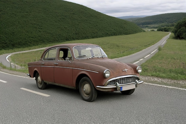 Vieille voiture européenne roulant sur une route de campagne