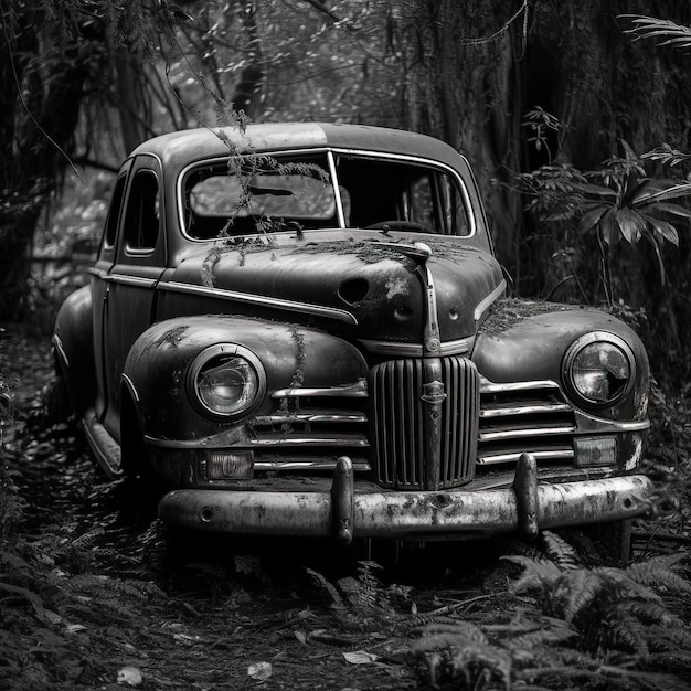Une vieille voiture avec un pare-brise cassé se trouve dans les bois.