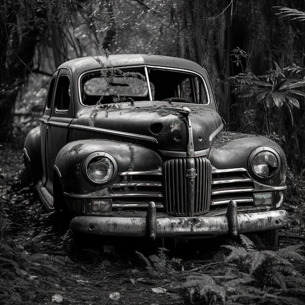 Une Vieille Voiture Avec Un Pare-brise Cassé Se Trouve Dans Les Bois.