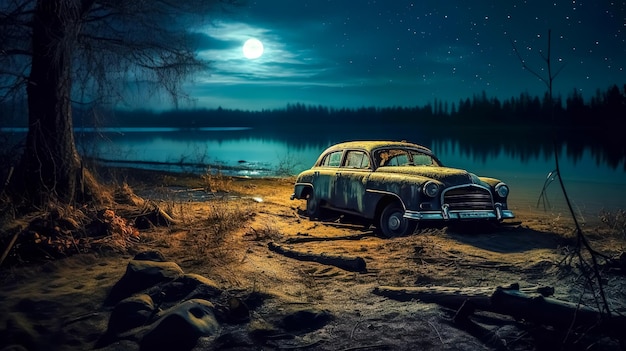 Une vieille voiture sur la rive du lac la nuit faite avec l'IA générative