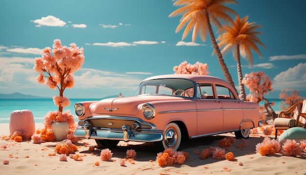 une vieille voiture rose sur la plage