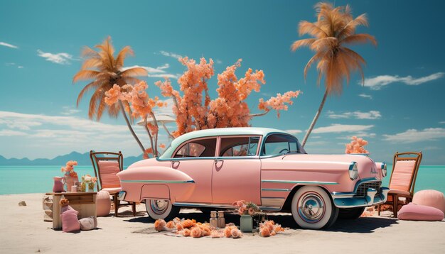 une vieille voiture rose sur la plage