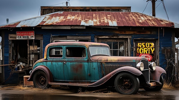 Photo une vieille voiture rouillée est garée à l'extérieur d'un bâtiment bleu