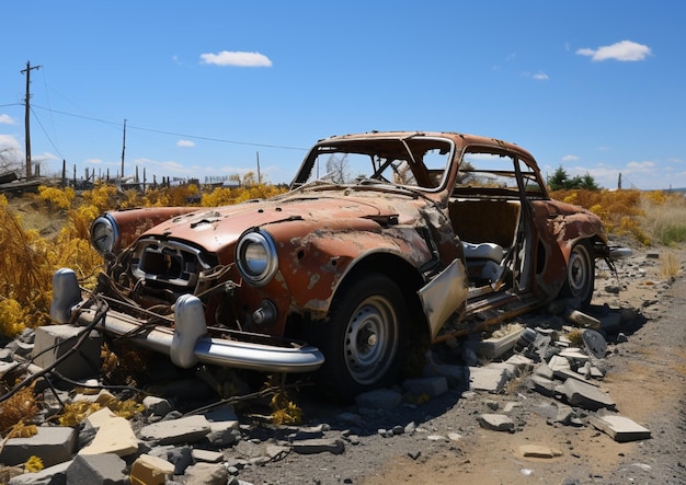 une vieille voiture rouillée repose dans un tas de décombres.