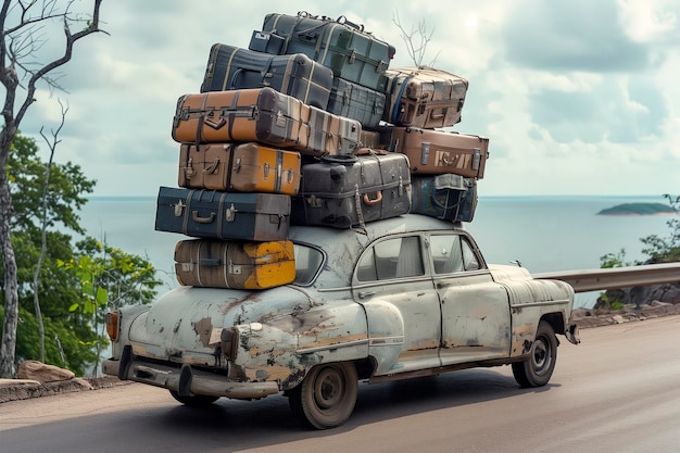 Une vieille voiture sur la route près de la mer un jour ensoleillé chargée de nombreuses valises