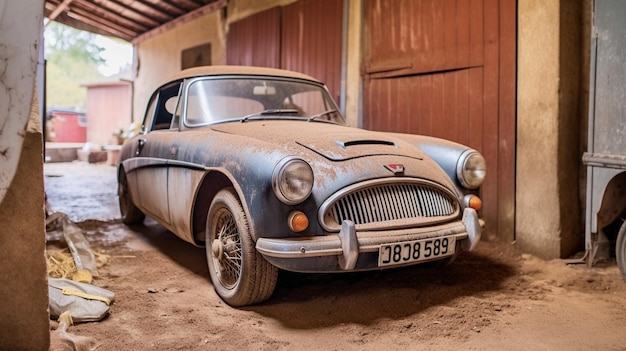 Une vieille voiture sale dans un garage avec la plaque d'immatriculation bj89696.