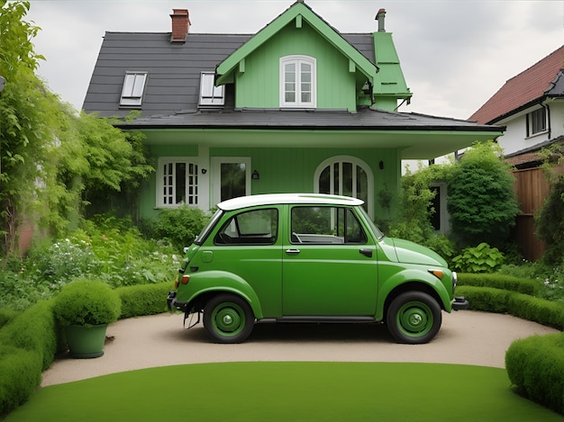 Vieille voiture verte dans le jardin de la maison