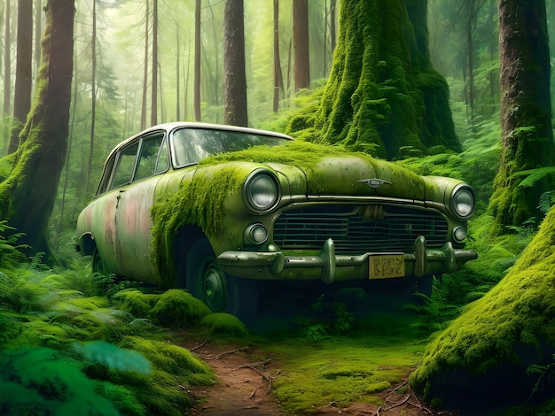 Une vieille voiture vintage dans la forêt.