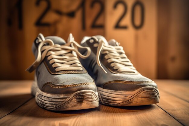 Photo vieilles chaussures de sport d'occasion avec un style vintage un motif simple créé avec des chaussures maquette de conception publicitaire pour magasin de chaussures