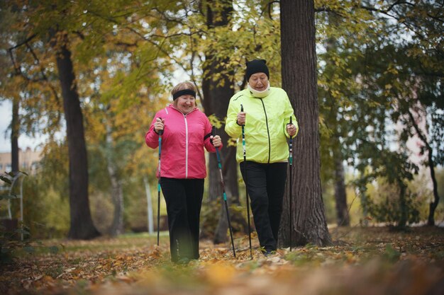 Vieilles femmes marchant dans un parc d'automne lors d'une promenade scandinave automne feuilles d'oranger