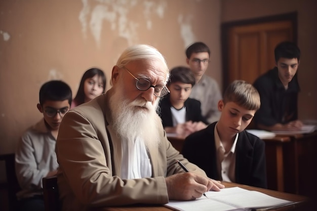 Vieilles lunettes de professeur sérieuses Chat en classe Générer Ai