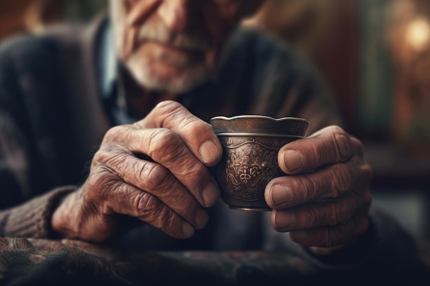 Vieilles mains ridées avec une tasse de thé Generate Ai