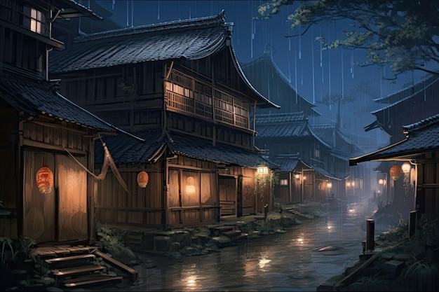 Vieilles maisons en bois dans le village japonais la nuit Peinture numérique Une belle illustration d'illustration du japon médiéval pluvieux AI Generated