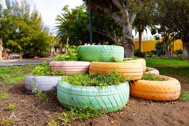 Vieilles roues de voiture réutilisées comme jardinières, Fuerteventura